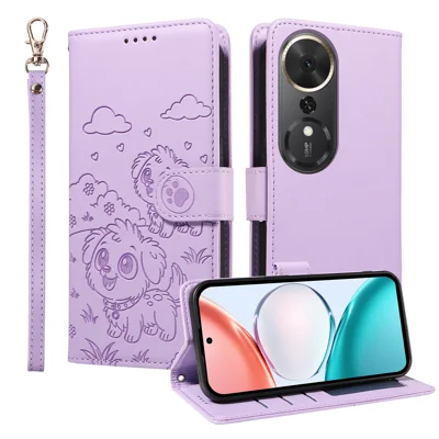 For Honor Play 70 Plus 5G Case RFID Blocking Imprinted Dog Pattern PU Leather Phone Cover with Wrist Strap - Purple