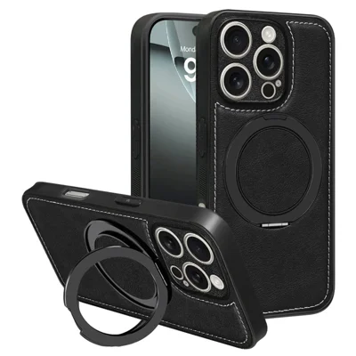 For iPhone 16 Pro Max Magnetic Case Calf Texture PU + TPU + PC Kickstand Phone Cover - Black