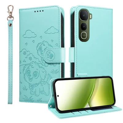 For vivo Y400 5G Case RFID Blocking Imprinted Dog Pattern PU Leather Phone Cover with Wrist Strap - Green