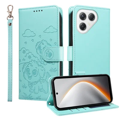 For TECNO Pova 7 Ultra 5G Case RFID Blocking Imprinted Dog Pattern PU Leather Phone Cover with Wrist Strap - Green
