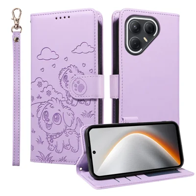 For TECNO Pova 7 5G Case RFID Blocking Imprinted Dog Pattern PU Leather Phone Cover with Wrist Strap - Purple