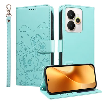 For Realme 15 Pro 5G / Realme 15 5G Case RFID Blocking Imprinted Dog Pattern PU Leather Phone Cover with Wrist Strap - Green