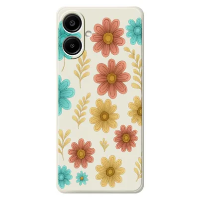 For Samsung Galaxy A08 5G / A08 4G / A07 5G / A07 4G Case Red Yellow Blue Flowers Pattern Printing Straight Edge TPU Phone Back Cover - Beige