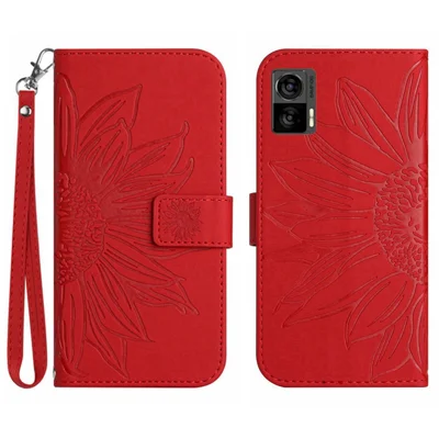 For Motorola Edge 30 Neo 5G HT04 Imprinted Sunflower Phone Protective Case Skin-Touch PU Leather Adjustable Stand Wallet Cover with Hand Strap - Red