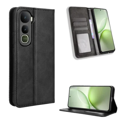 For vivo Y400 5G / vivo Y400 4G Leather Case Wallet Stand Retro Texture Phone Cover - Black