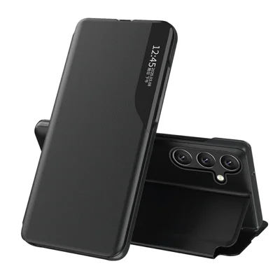 AMORUS For Samsung Galaxy A15 4G / 5G Case View Window Stand PU Leather Phone Cover - Black