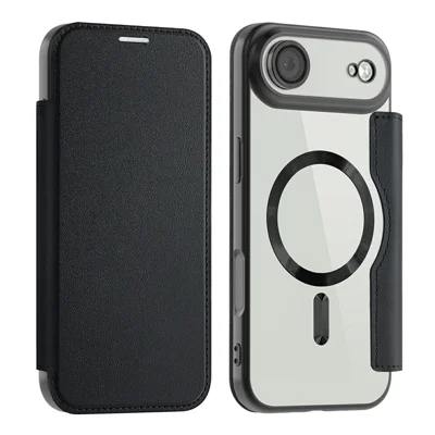 AMORUS For iPhone Air Case Compatible with MagSafe RFID Blocking Card Holder Leather Phone Cover - Black