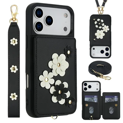 For iPhone 18 Pro / 17 Pro Case Card Slots Leather Coated TPU Flower Phone Cover with 2 Straps - Black