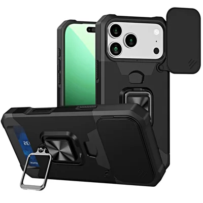 Voor iPhone 17 Pro hoesje met standaard en schuifbare lensklep PC + TPU telefoonhoes met kaartsleuf - Zwart