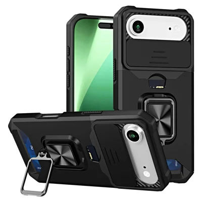 For iPhone Air Case Kickstand Slide Lens Lid PC + TPU Phone Cover with Card Slot - Black