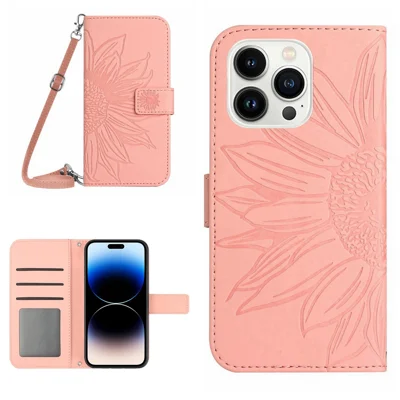For iPhone 14 Pro Max HT04 Shockproof Phone Case Imprinted Sunflower Skin-touch PU Leather Stand Wallet Cover Protector with Shoulder Strap - Light Pink