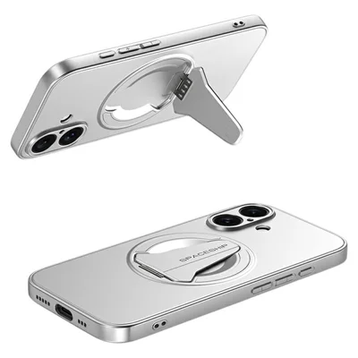 Voor iPhone 16 Hoesje Compatibel met MagSafe Verborgen Standaard Huidgevoelige Matte PC TPU Telefoon Achterklep - Zilver