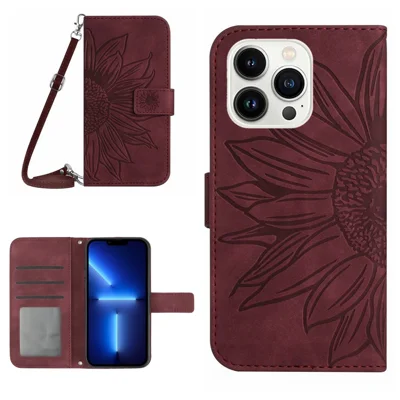 For iPhone 13 Pro Max 6.7 inch HT04 PU Leather Wallet Case Skin-touch Imprinted Sunflower Folio Flip Stand Phone Cover with Shoulder Strap - Wine Red