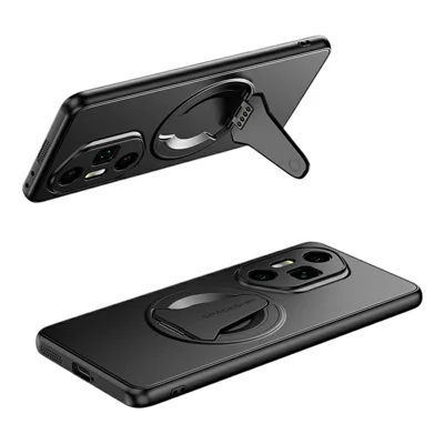 For Honor 300 Ultra Magnetic Case Hidden Kickstand Skin-Feel Matte PC TPU Phone Back Cover - Black