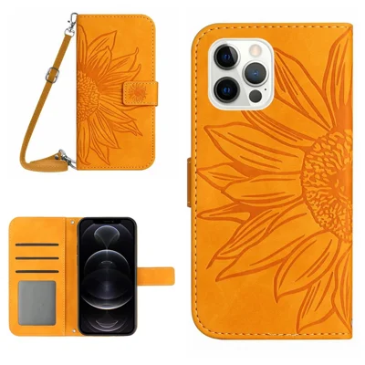 For iPhone 12 / 12 Pro 6.1 inch HT04 Imprinted Sunflower Phone Wallet Stand Case Skin-touch PU Leather Folio Flip Cover with Shoulder Strap - Yellow
