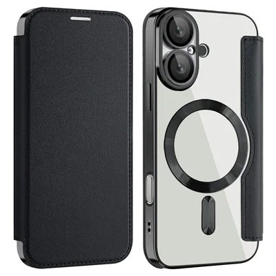 AMORUS For iPhone 16 Plus Case Compatible with MagSafe RFID Blocking Card Holder Leather Phone Cover - Black