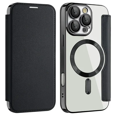 AMORUS Etui na iPhone 16 Pro Max zgodne z MagSafe, z funkcją blokowania RFID, z uchwytem na kartę, skórzane etui - Czarny