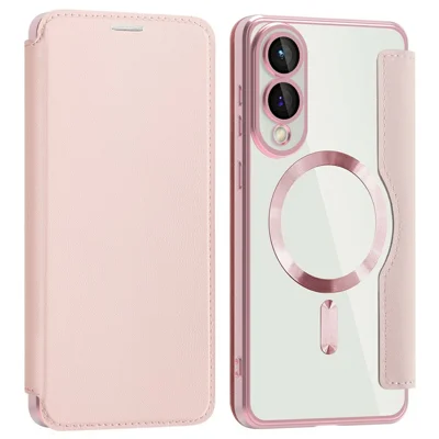 AMORUS voor Samsung Galaxy S25 Edge hoes compatibel met MagSafe RFID-blokkering kaarthouder lederen telefoonhoes - Roze