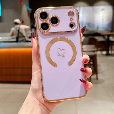 For iPhone 18 Pro Max / 17 Pro Max Case Compatible with MagSafe Electroplated TPU Phone Cover Hollow Love Hearts - Purple