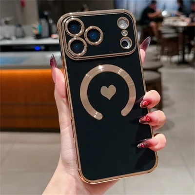 For iPhone 18 Pro Max / 17 Pro Max Magnetic Case Electroplating Soft TPU Cover with Cute Love Heart - Black