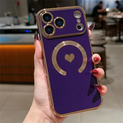 For iPhone 18 Pro / 17  Pro Magnetic Case Electroplating Soft TPU Cover with Cute Love Heart - Dark Purple