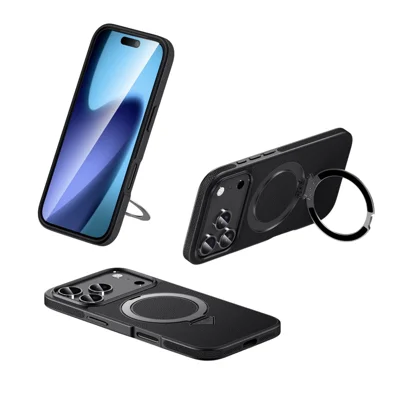 For iPhone 18 Pro Max / 17 Pro Max Case Compatible with MagSafe Genuine Cow Leather+PC Kickstand Phone Cover - Black