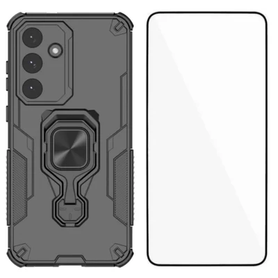 WANLONFENG For Samsung Galaxy S25 FE Phone Case  PC TPU Back Cover Kickstand with Tempered Glass - Black