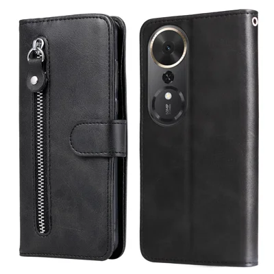 For Honor Play 70 Plus 5G PU Leather Cases with Zipper Pocket Wallet Phone Cover Stand - Black
