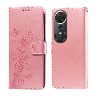 For Honor Play 70 Plus 5G Leather Case Butterfly Floral Imprint Wallet Stand Cover - Pink