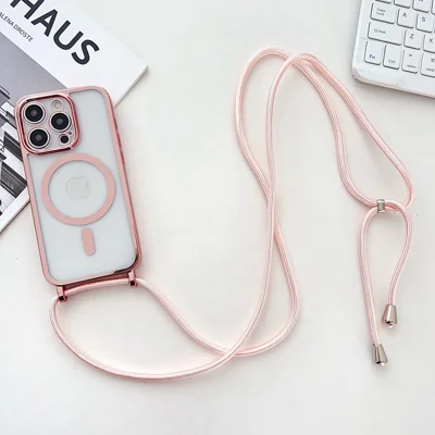 For iPhone 15 Pro Case Compatibel met MagSafe Gegalvaniseerde Rand TPU Telefoonhoes met Schouderband - Roze