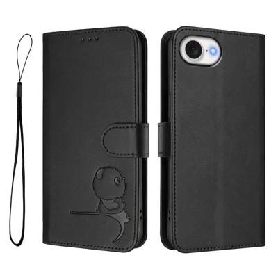 For iPhone 17e / 16e Case Panda Imprint RFID Blocking Wallet Leather Phone Cover with Wrist Strap - Black