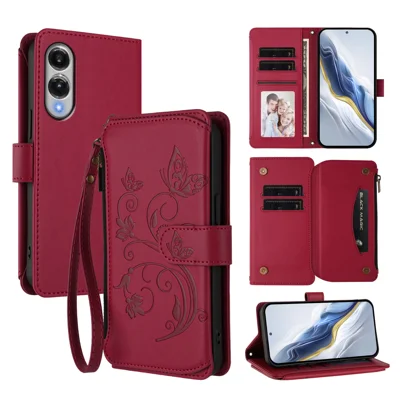 For Samsung Galaxy S25 Edge Leather Case Butterfly Floral Imprint Zipper Wallet Stand Cover with Wrist Strap - Wine Red