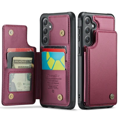 لسامسونج جالكسي S25 FE غطاء خلفي جلد CASEME C22 بخاصية حجب RFID و5 فتحات للبطاقات - أحمر