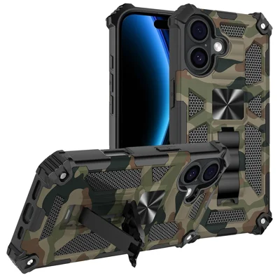 For iPhone 17 Case Kickstand PC+TPU Camouflage Military Grade Phone Cover - Army Green