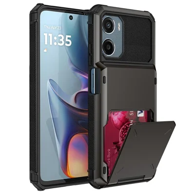 For Motorola Moto E15 4G Case PC + TPU Dual Layer Back Phone Cover with Card Holder - Grey