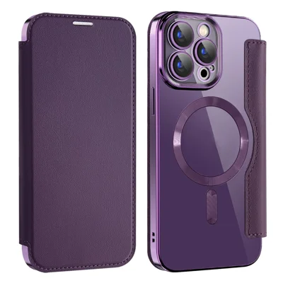 AMORUS For iPhone 15 Pro Max Case Compatible with MagSafe RFID Blocking Card Holder Leather Phone Cover - Dark Purple