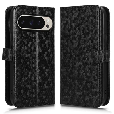 For Google Pixel 10 Pro XL Wallet Case Dot Pattern Imprint PU Leather Phone Cover with Wrist Strap - Black