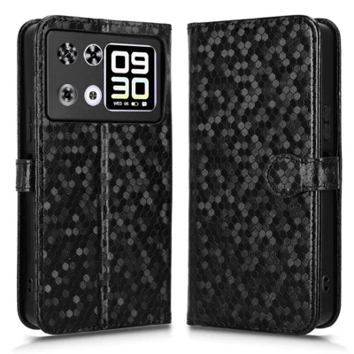 For Cubot P90 Wallet Case Dot Pattern Imprint PU Leather Phone Cover with Wrist Strap - Black