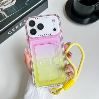For iPhone 18 Pro Max / 17 Pro Max Case Card Holder Gradient Color PC + TPU Phone Back Cover with Lens Film / Wrist Strap - Pink / Yellow