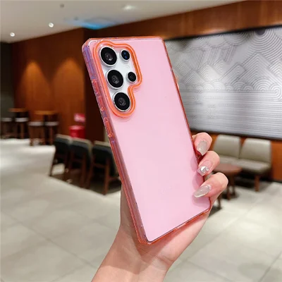 For Samsung Galaxy S25 Ultra Case TPU + PC Shockproof Phone Back Cover with Orange Camera Edge - Transparent Pink
