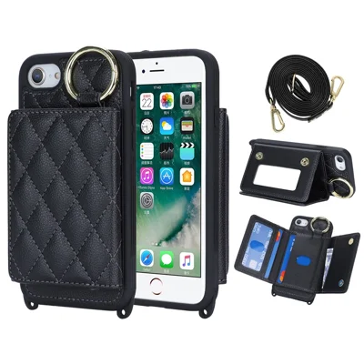 For iPhone SE (2022) / (2020) / 8 / 7 hoesje met lanyard / spiegel / kaarthouder ruitpatroon RFID-blokkering telefoonhoes - Zwart