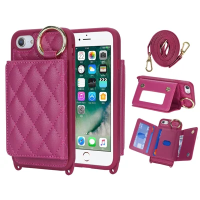 For iPhone SE (2022) / (2020) / 8 / 7 Case with Lanyard / Mirror / Card Holder Grids Pattern RFID Blocking Phone Cover - Rose