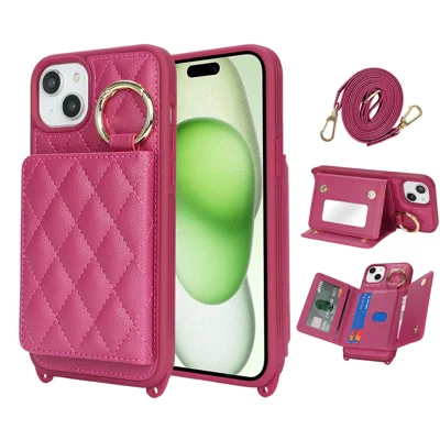 For iPhone 15 Plus / 14 Plus Case with Lanyard  /  Mirror  /  Card Holder Grids Pattern RFID Blocking Phone Cover - Rose