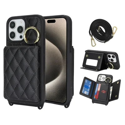 For iPhone 15 Pro Case with Lanyard  /  Mirror  /  Card Holder Grids Pattern RFID Blocking Phone Cover - Black