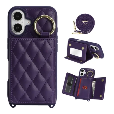 For iPhone 16 Case with Lanyard  /  Mirror  /  Card Holder Grids Pattern RFID Blocking Phone Cover - Purple