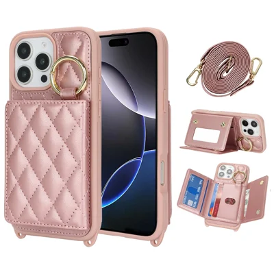 For iPhone 16 Pro Case with Lanyard  /  Mirror  /  Card Holder Grids Pattern RFID Blocking Phone Cover - Rose Gold