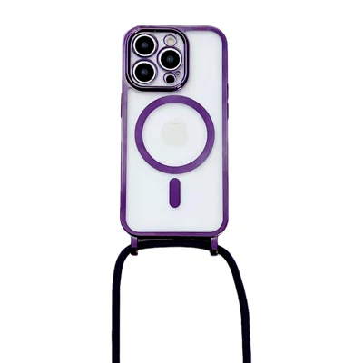 For iPhone 14 Pro Max Case Compatible with MagSafe Electroplating Edge TPU Phone Cover with Shoulder Strap - Purple
