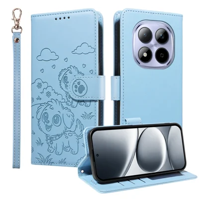 Voor Xiaomi Redmi Note 15 Pro 5G Hoesje RFID Blokkering Ingeprent Hondenpatroon PU Leren Telefoonhoes met Polsbandje - Blauw