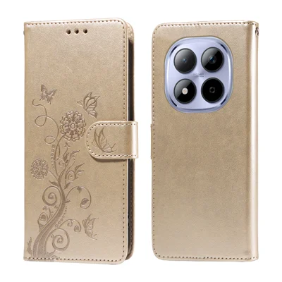 Voor Xiaomi Redmi Note 15 Pro 5G Leren Hoofd met Vlinder- en Bloemenprint Portemonnee Standhoes - Goud