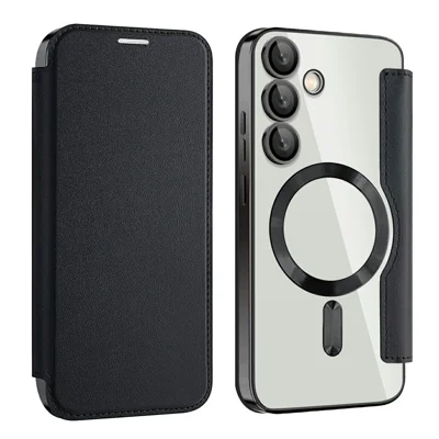 AMORUS For Samsung Galaxy S24 FE Magnetic Case RFID Blocking Card Holder Leather Phone Cover - Black